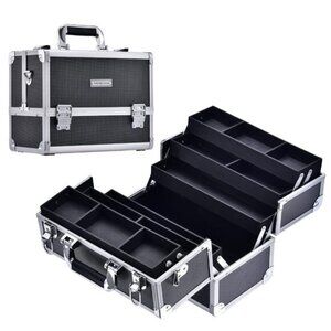 Large Makeup Train Case, 12.6In Cosmetic Organizer with 6 Trays & Lock - Black